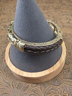 Vintage Western Braid Brown Leather Filigree Gold Scroll Stretch Bangle Bracelet